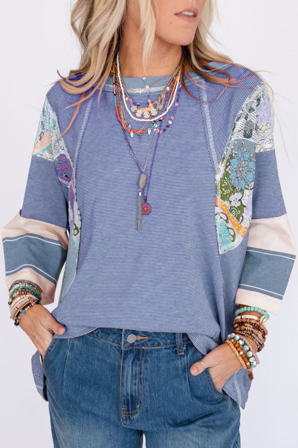 Striped Floral Patchwork Round Neck Top