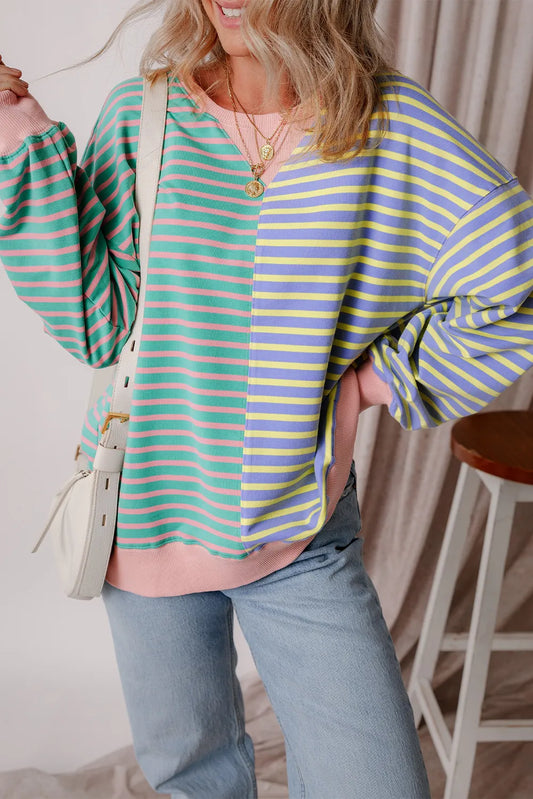 Contrast Stripes Round Neck Long Sleeve Sweatshirt