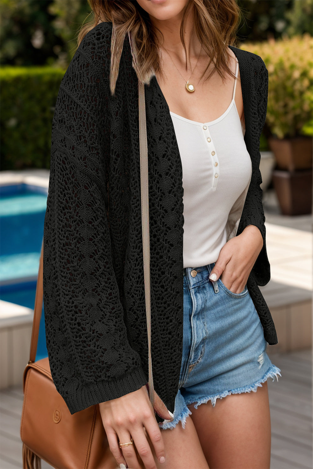 Openwork Open Front Dropped Shoulder Cardigan