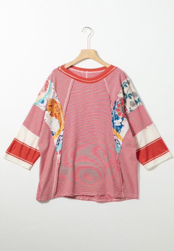 Striped Floral Patchwork Round Neck Top