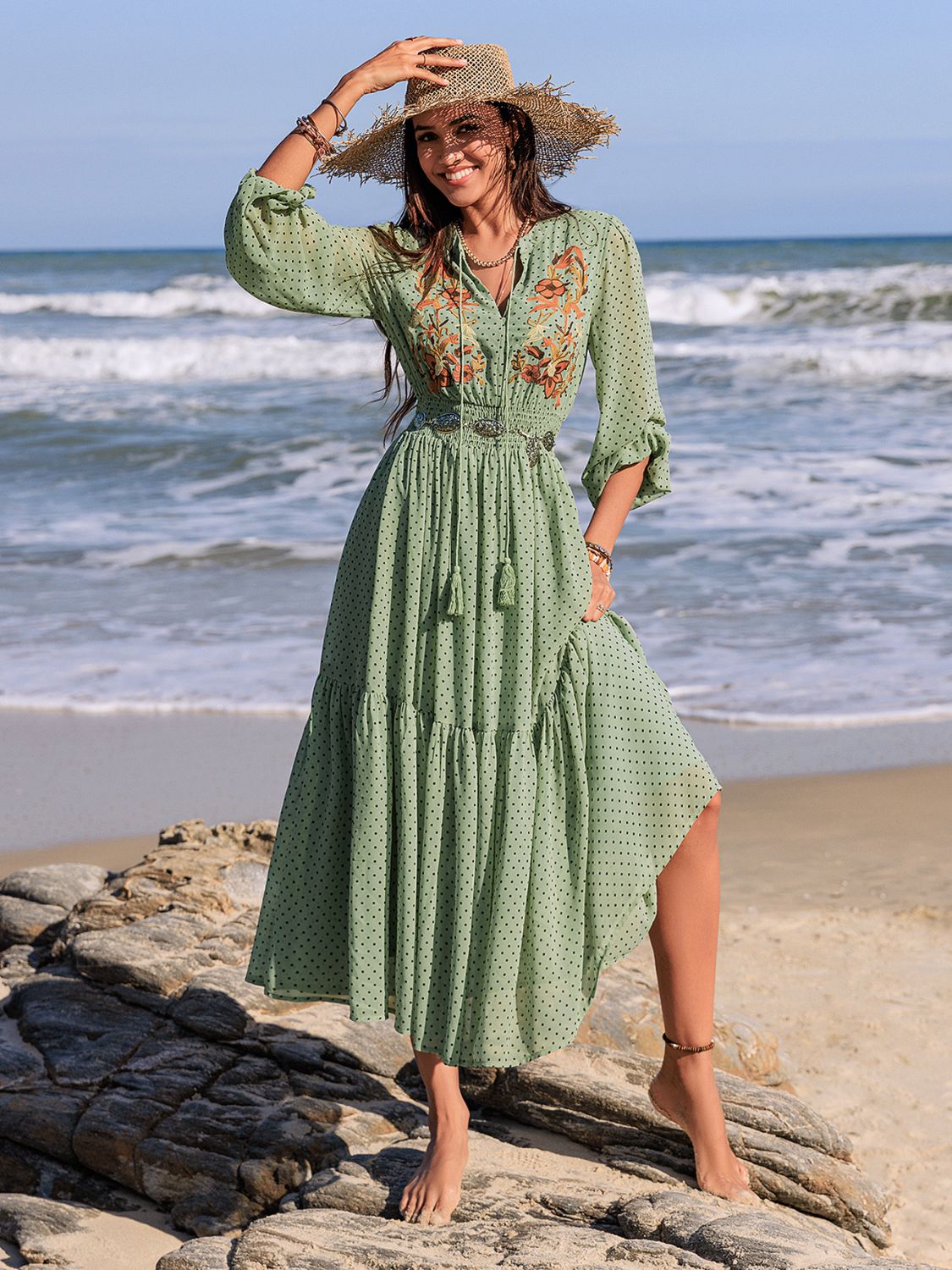 Embroidered Polka Dot Tie Neck Long Sleeve Midi Dress