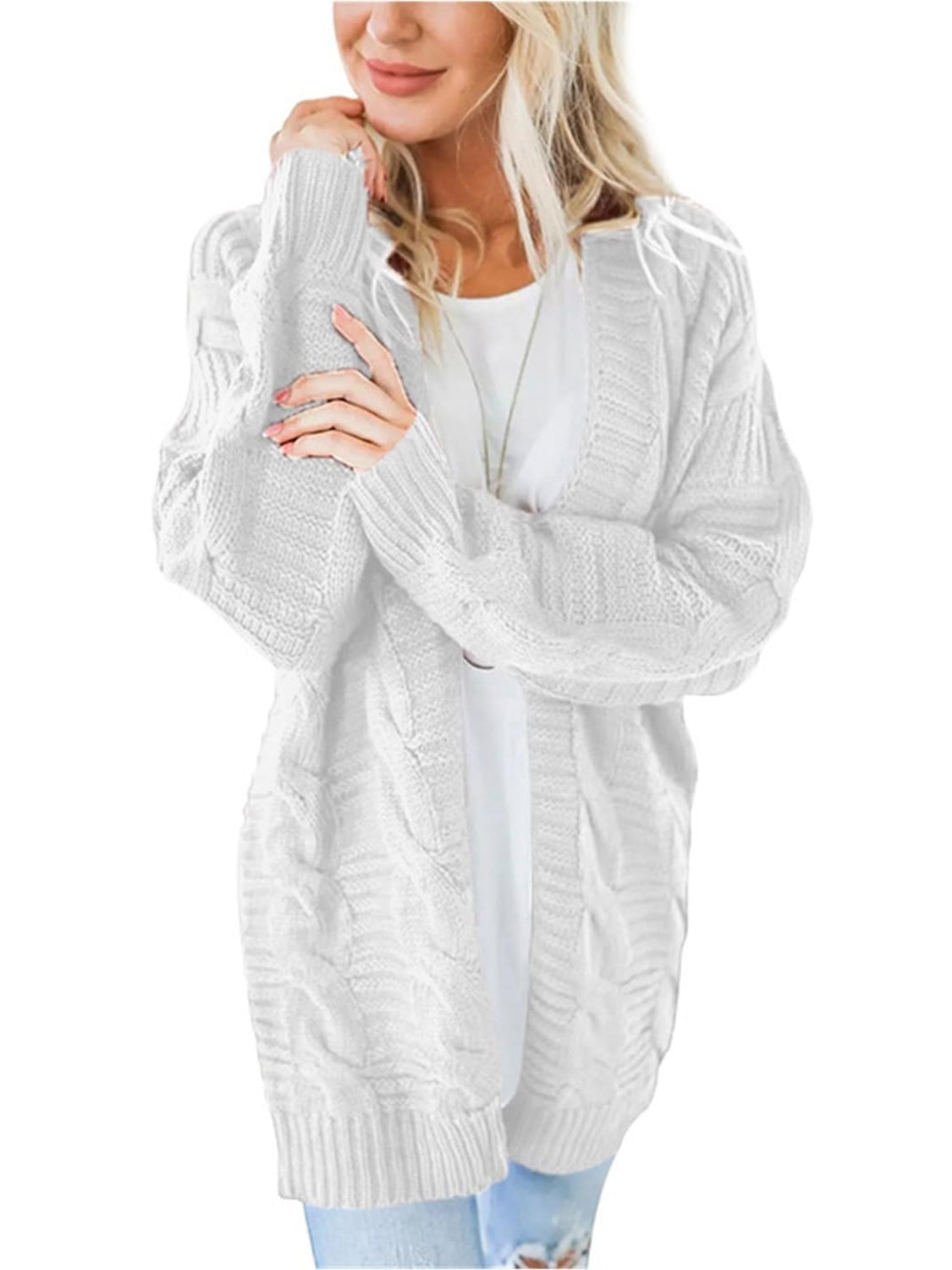 Cable-Knit Open Front Long Sleeve Cardigan