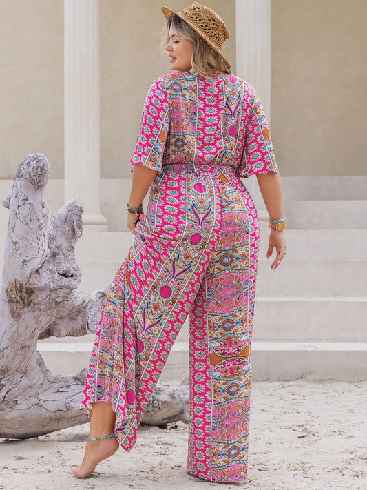 Plus Size Printed Half Sleeve Wide Leg Jumpsuit