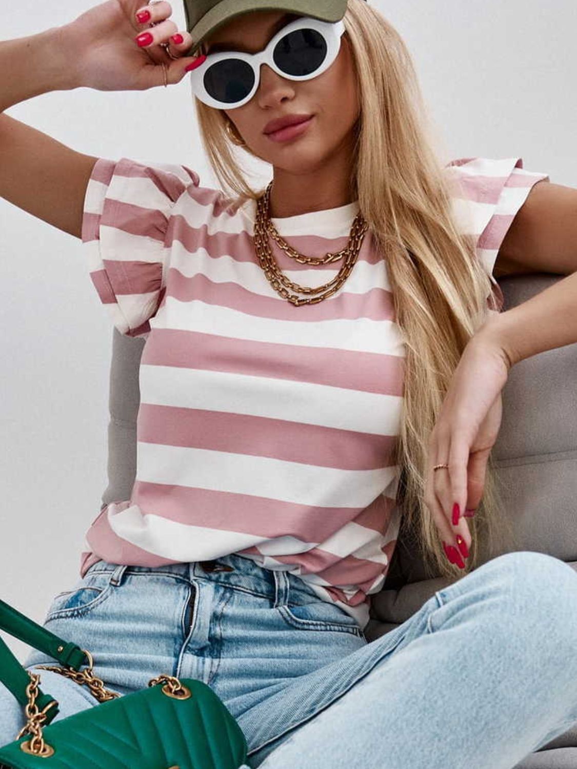 Full Size Striped Round Neck Cap Sleeve T-Shirt