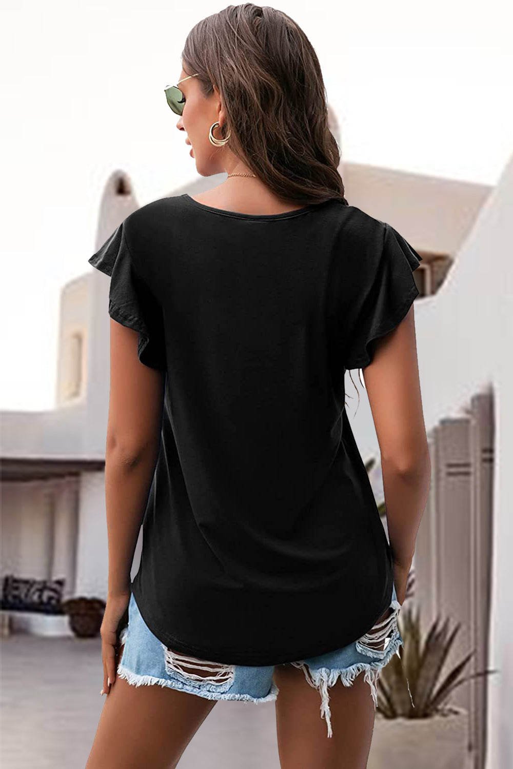 Ruffled Round Neck Cap Sleeve Blouse