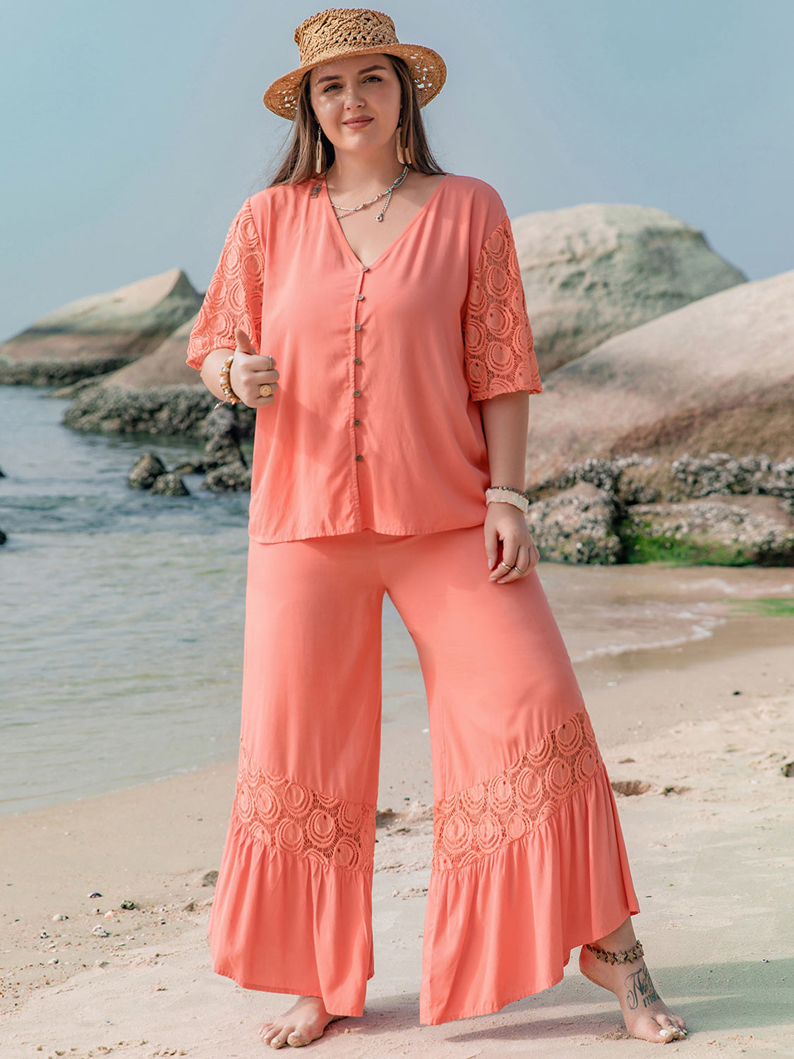 Plus Size Button Up Half Sleeve Top and Pants Set