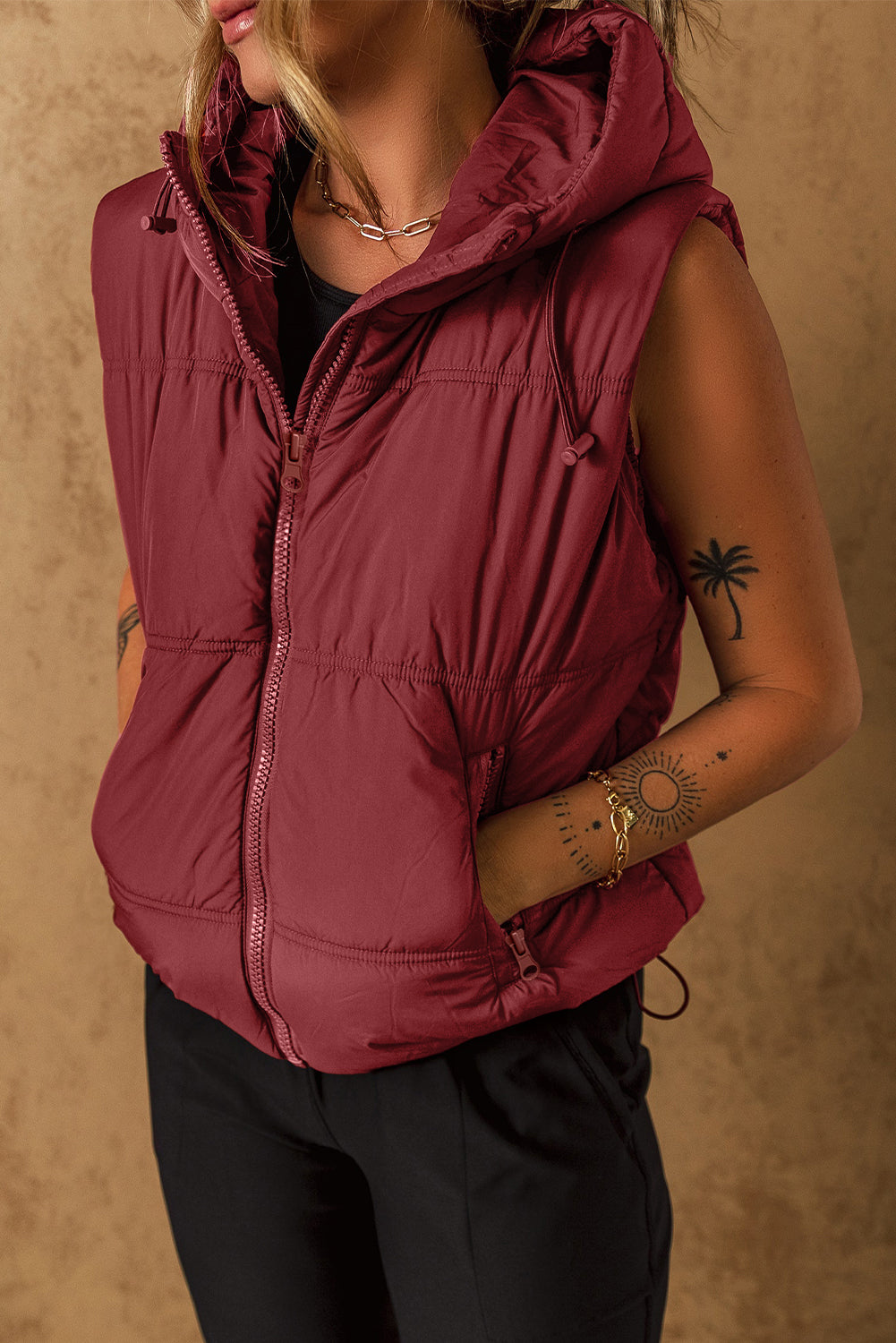 Drawstring Zip Up Hooded Vest Coat