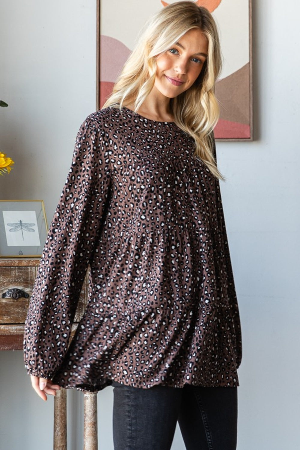 Heimish Leopard  Long Sleeve Tiered Blouse