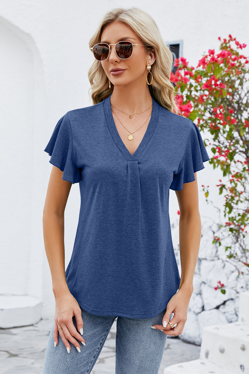 V-Neck Flutter Sleeve T-Shirt