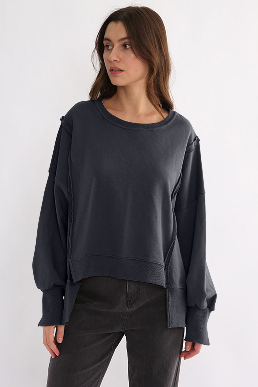 Exposed Seam High-Low Long Sleeve Sweatshirt