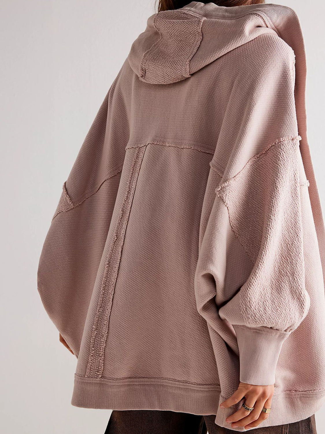 Exposed Seam Open Front Batwing Sleeve Hooded Cardigan