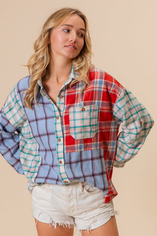 BiBi Color Block Plaid Button Down Shirt