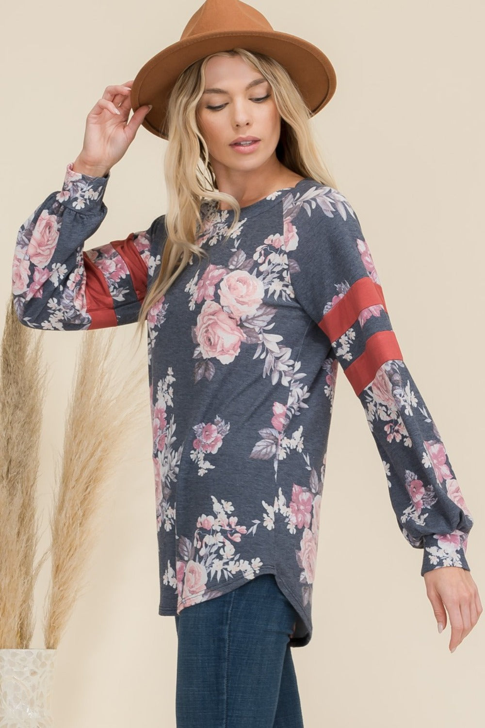 Celeste Full Size Floral Curved Hem T-Shirt with Stripe Detail