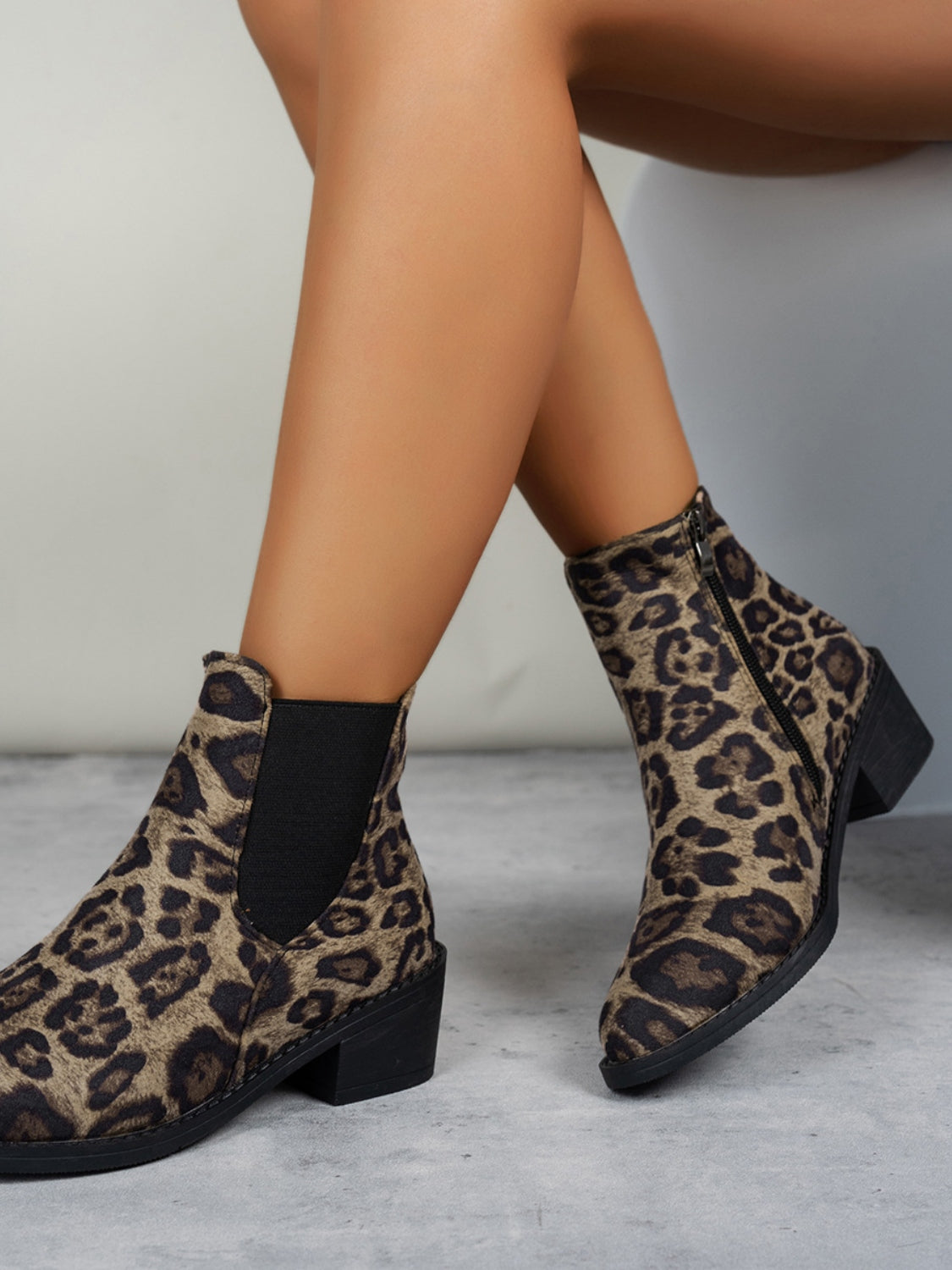 Leopard Point Toe Block Heel Boots