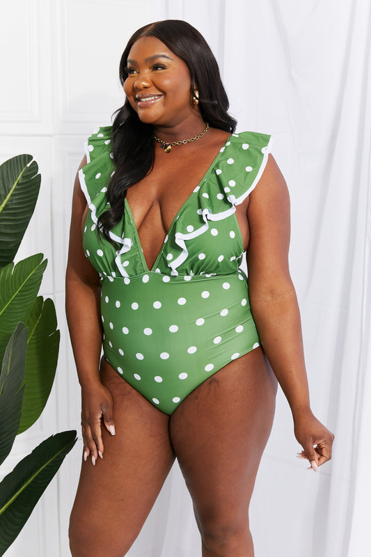 Marina West Swim Moonlit Dip Ruffle Plunge Swimsuit in Mid Green