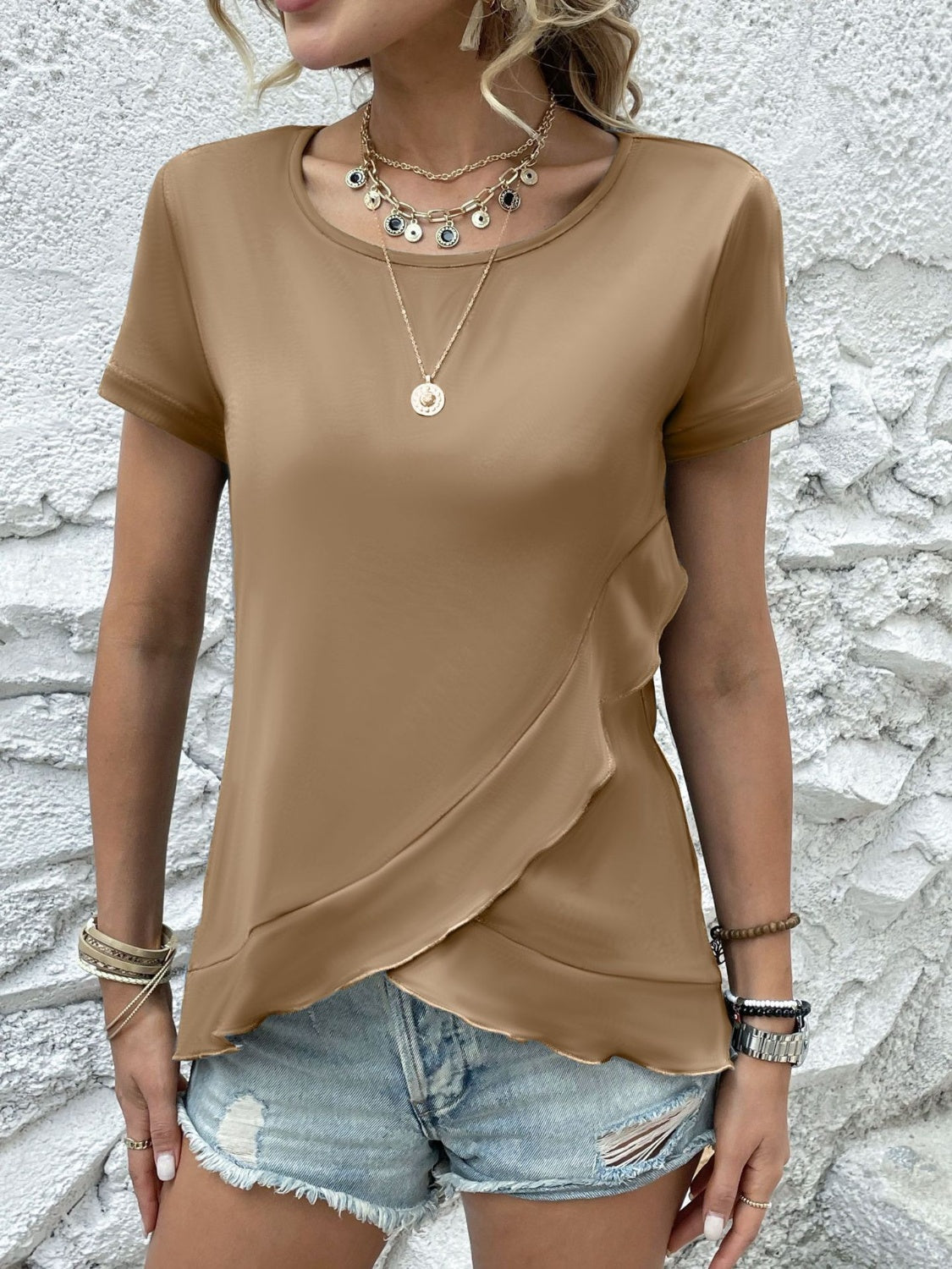 Ruffled Round Neck Short Sleeve Top