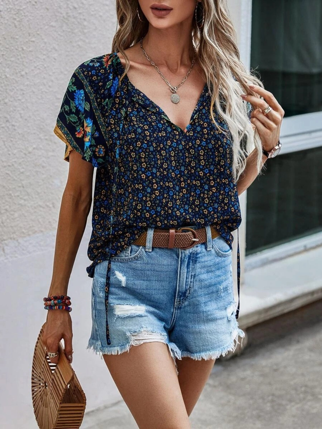 Printed Tie Neck Short Sleeve Blouse