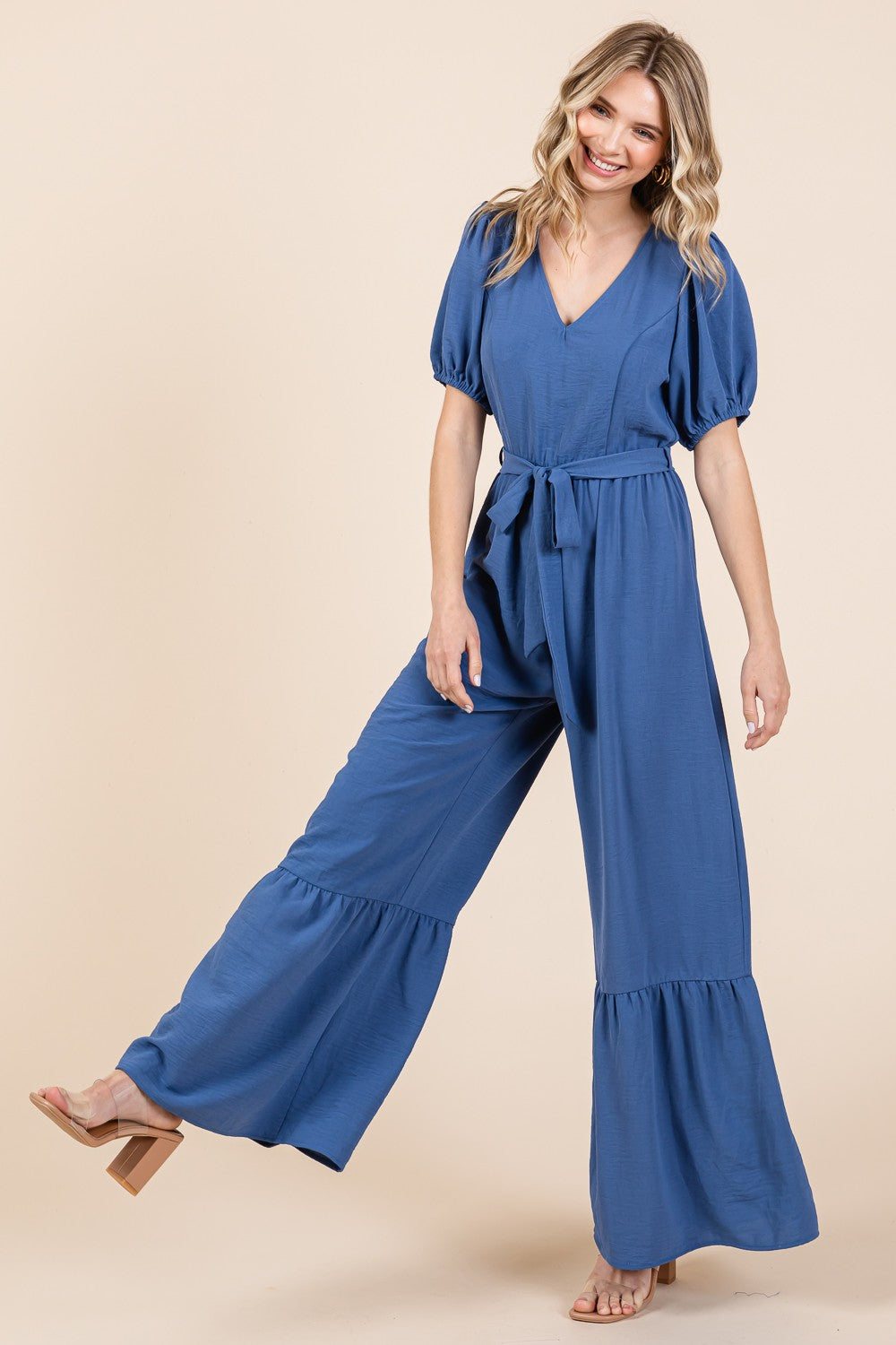 GeeGee Full Size V-Neck Belted Wide Leg Jumpsuit