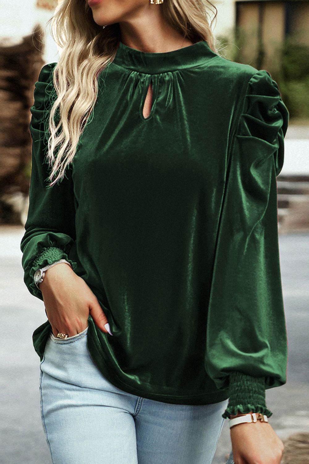 Mock Neck Puff Sleeve Velvet Blouse