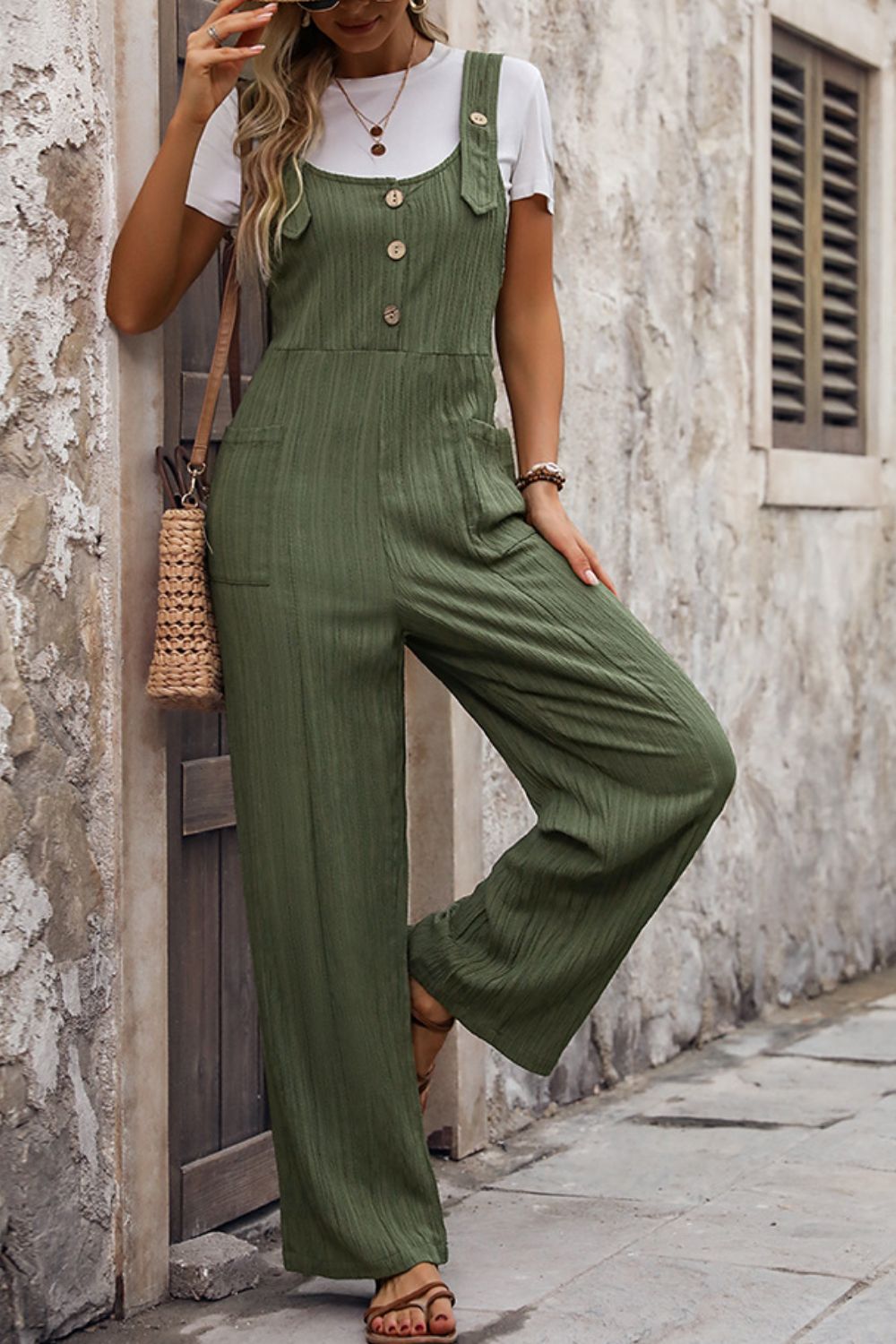 Textured Pocketed Wide Strap Overalls