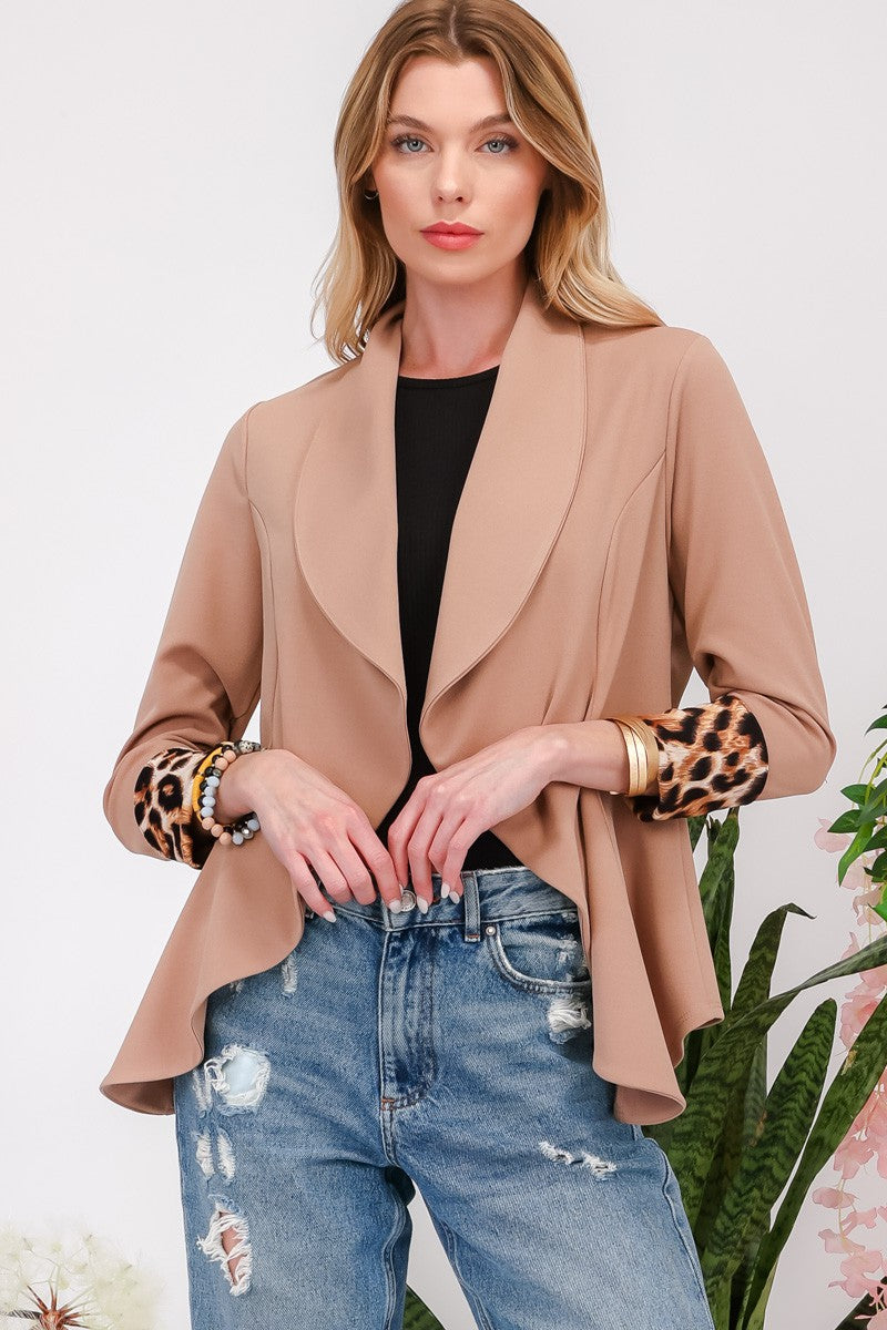 Celeste Full Size Rolled Leopard Cuff Open Front Blazer