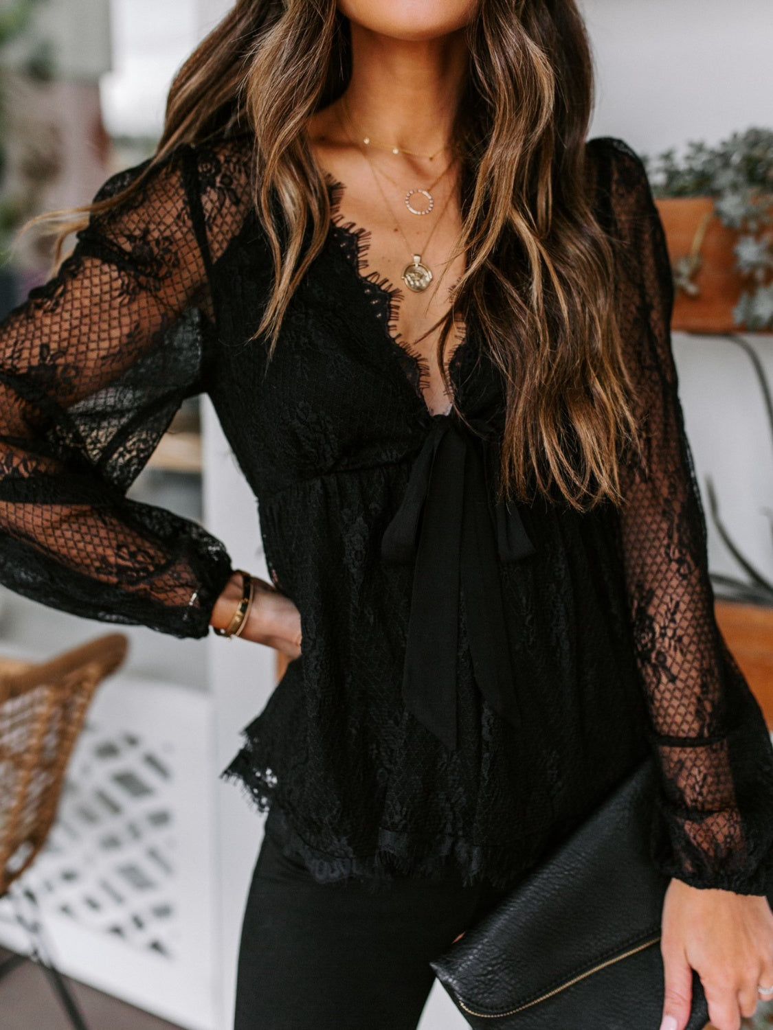 Lace Detail Plunge Long Sleeve Blouse