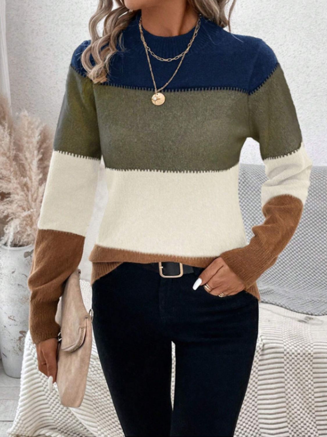 Color Block Mock Neck Long Sleeve Sweater