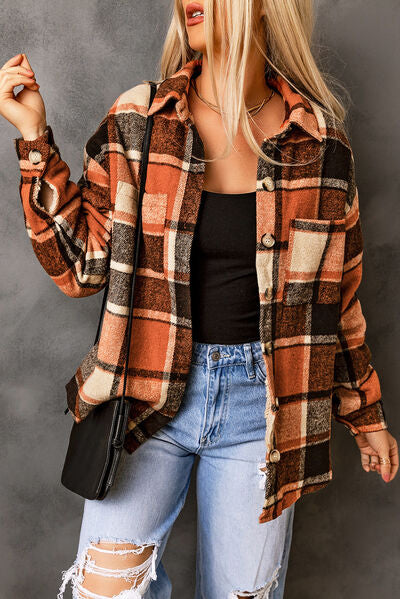 Plaid Pocketed Button Up Jacket