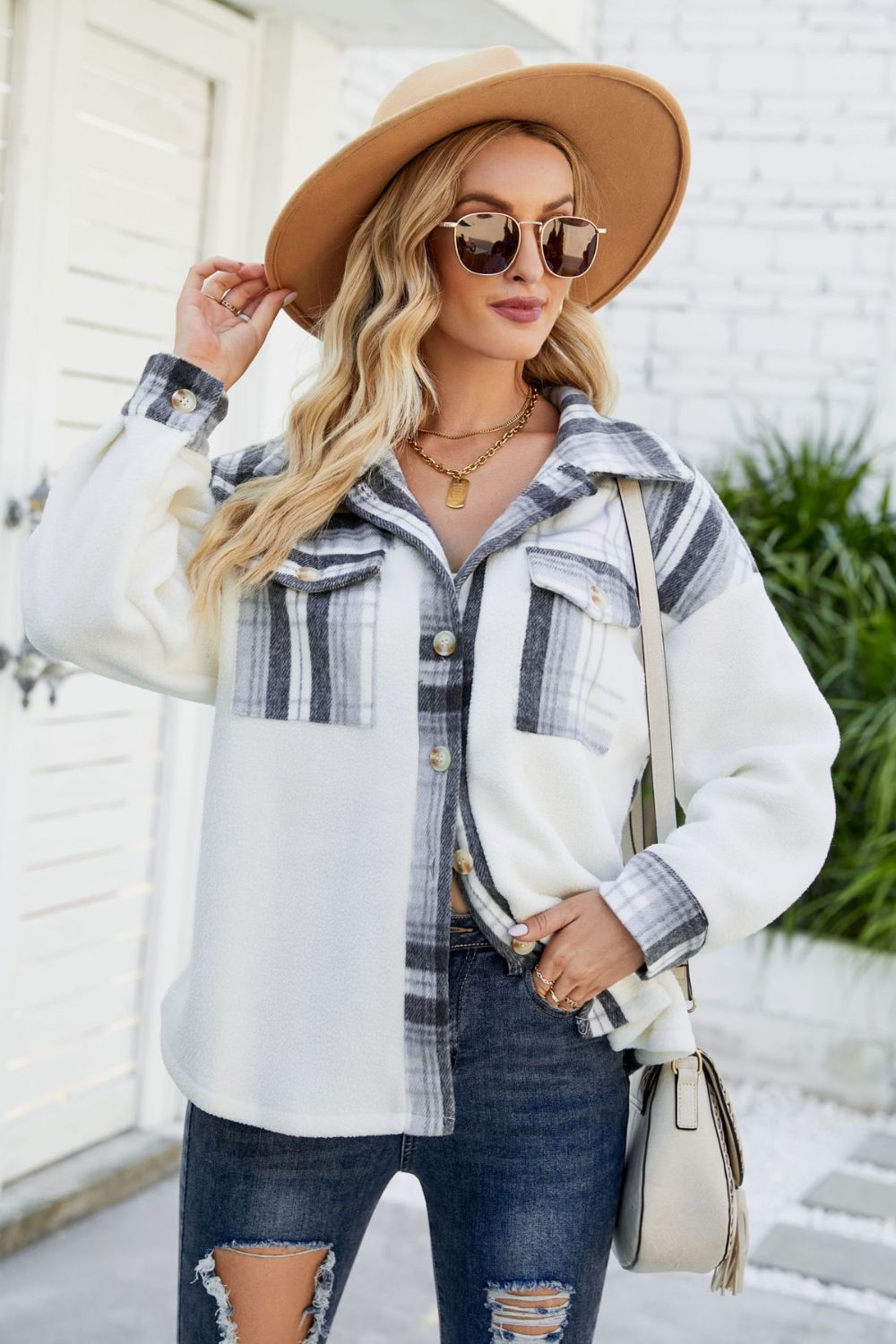 Plaid Button Front Spliced Sherpa Shacket