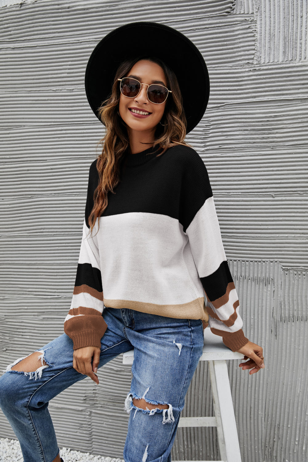 Striped Balloon Sleeve Crewneck Sweater