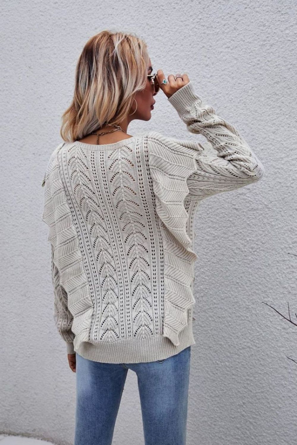 Openwork Round Neck Ruffled Sweater