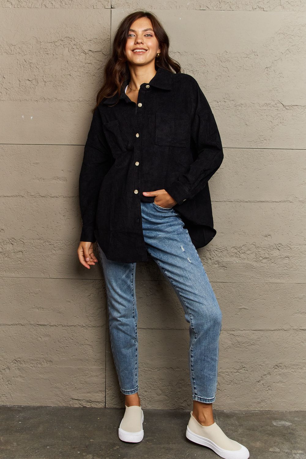 Collared Neck Dropped Shoulder Button-Down Jacket