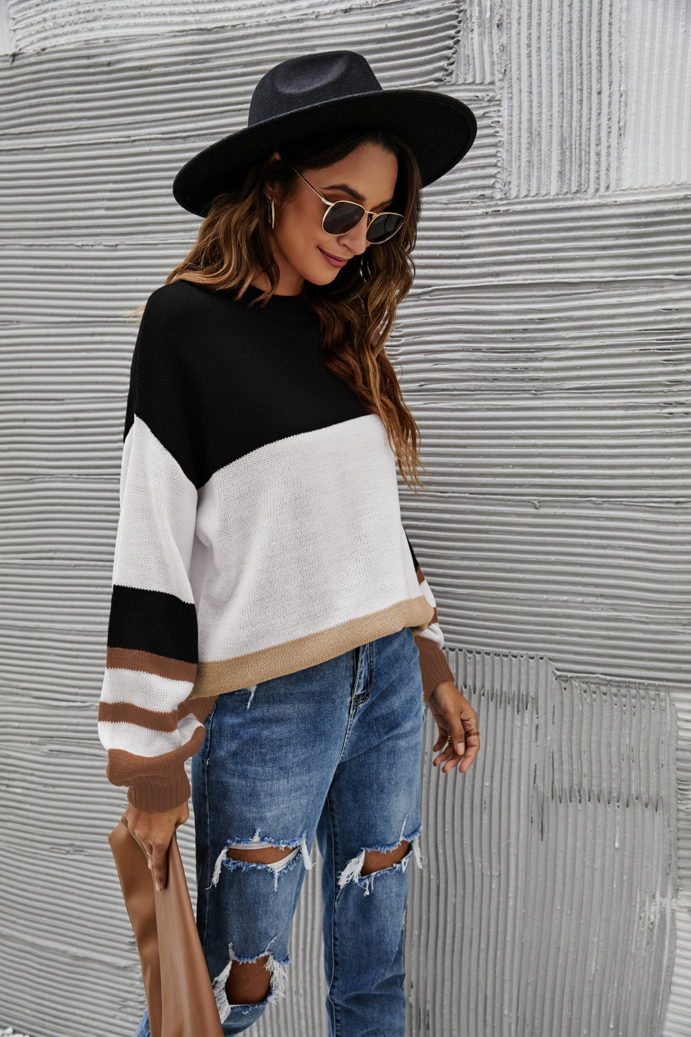 Striped Balloon Sleeve Crewneck Sweater
