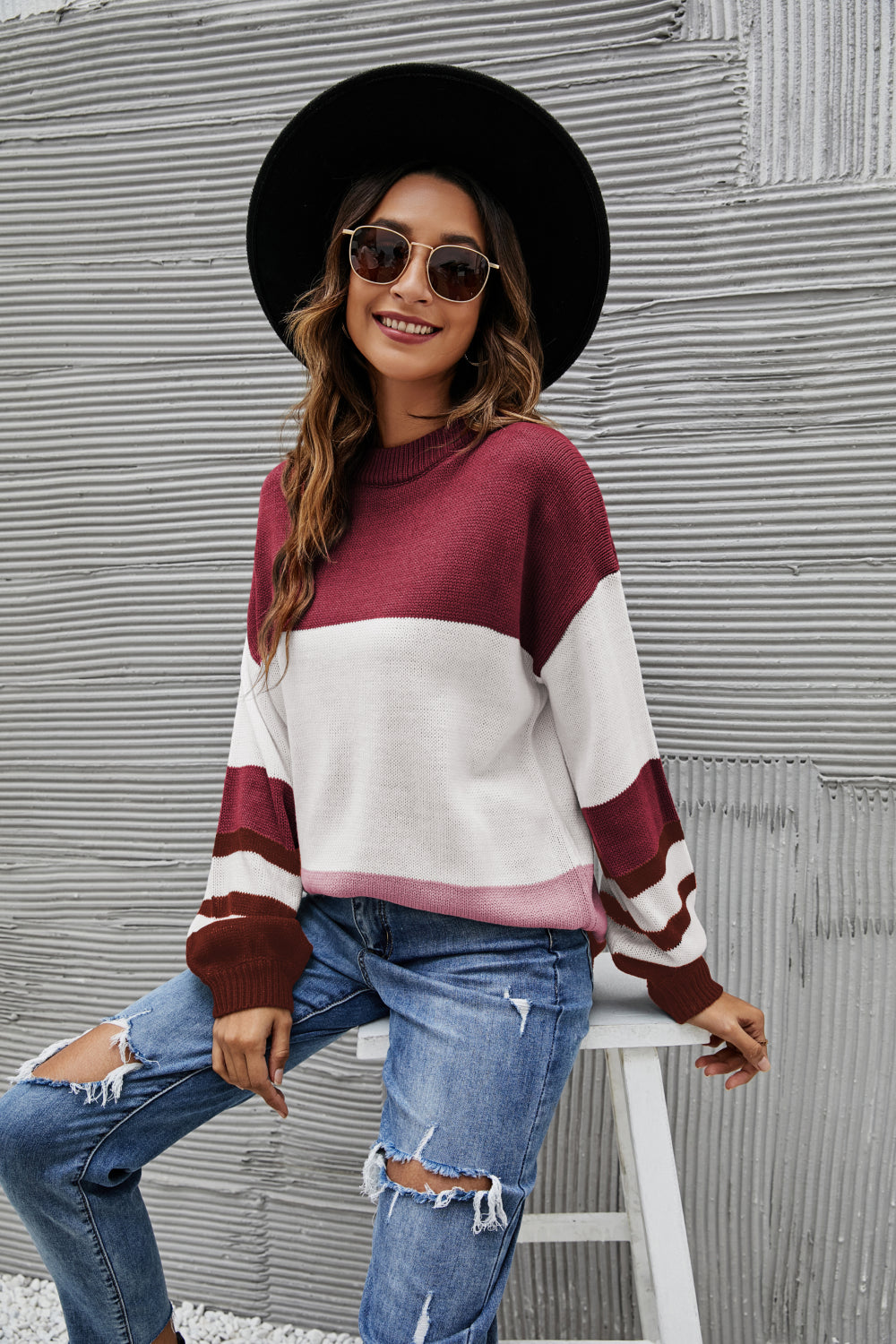 Striped Balloon Sleeve Crewneck Sweater