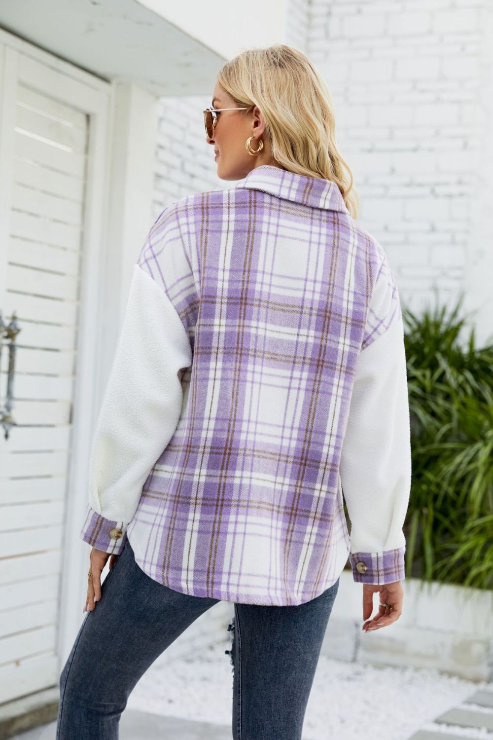 Plaid Button Front Spliced Sherpa Shacket