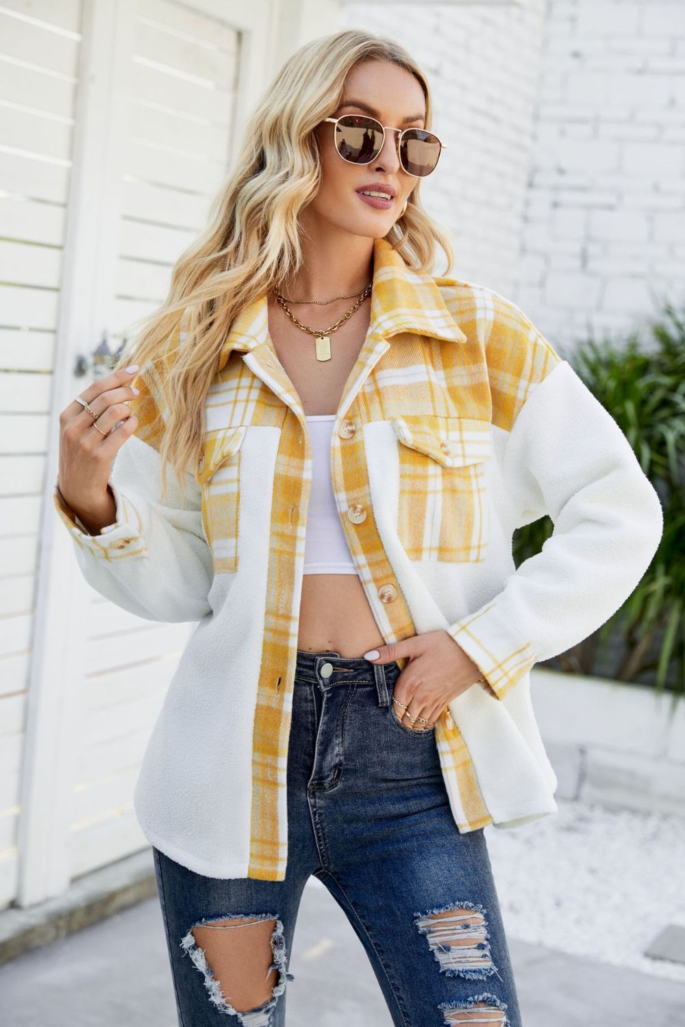Plaid Button Front Spliced Sherpa Shacket