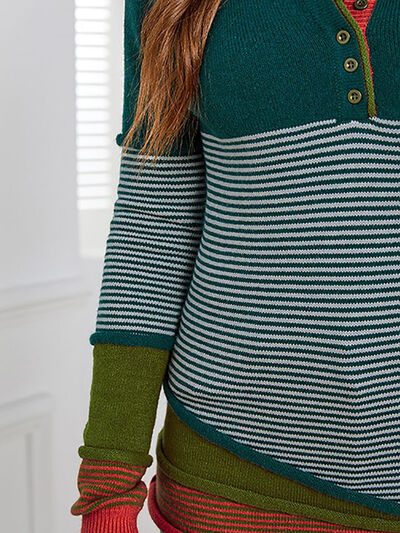 Striped Contrast Notched Long Sleeve Sweater