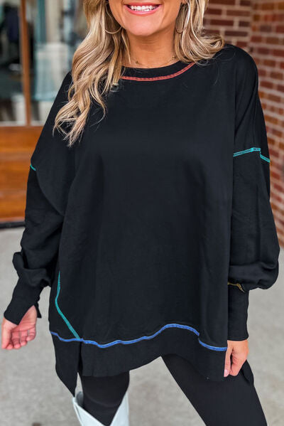 Slit Round Neck Lantern Sleeve Sweatshirt