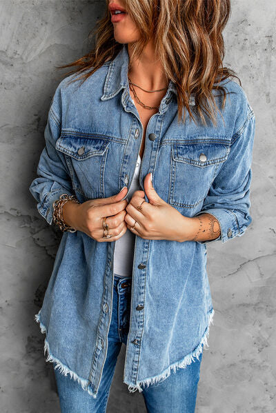 Button Up Pocketed Raw Hem Denim Jacket