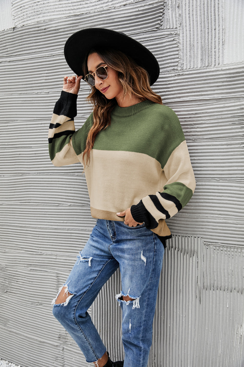 Striped Balloon Sleeve Crewneck Sweater