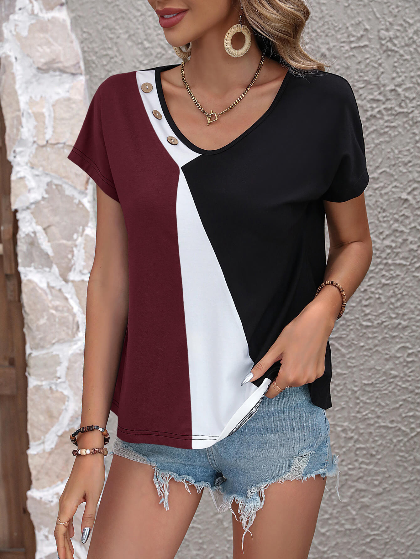 Color Block Decorative Button V-Neck Tee