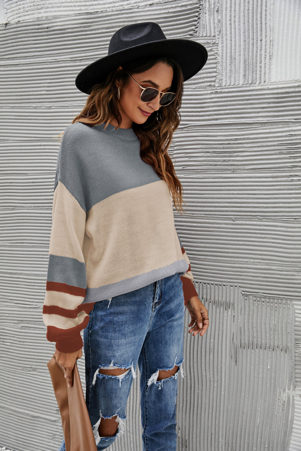Striped Balloon Sleeve Crewneck Sweater