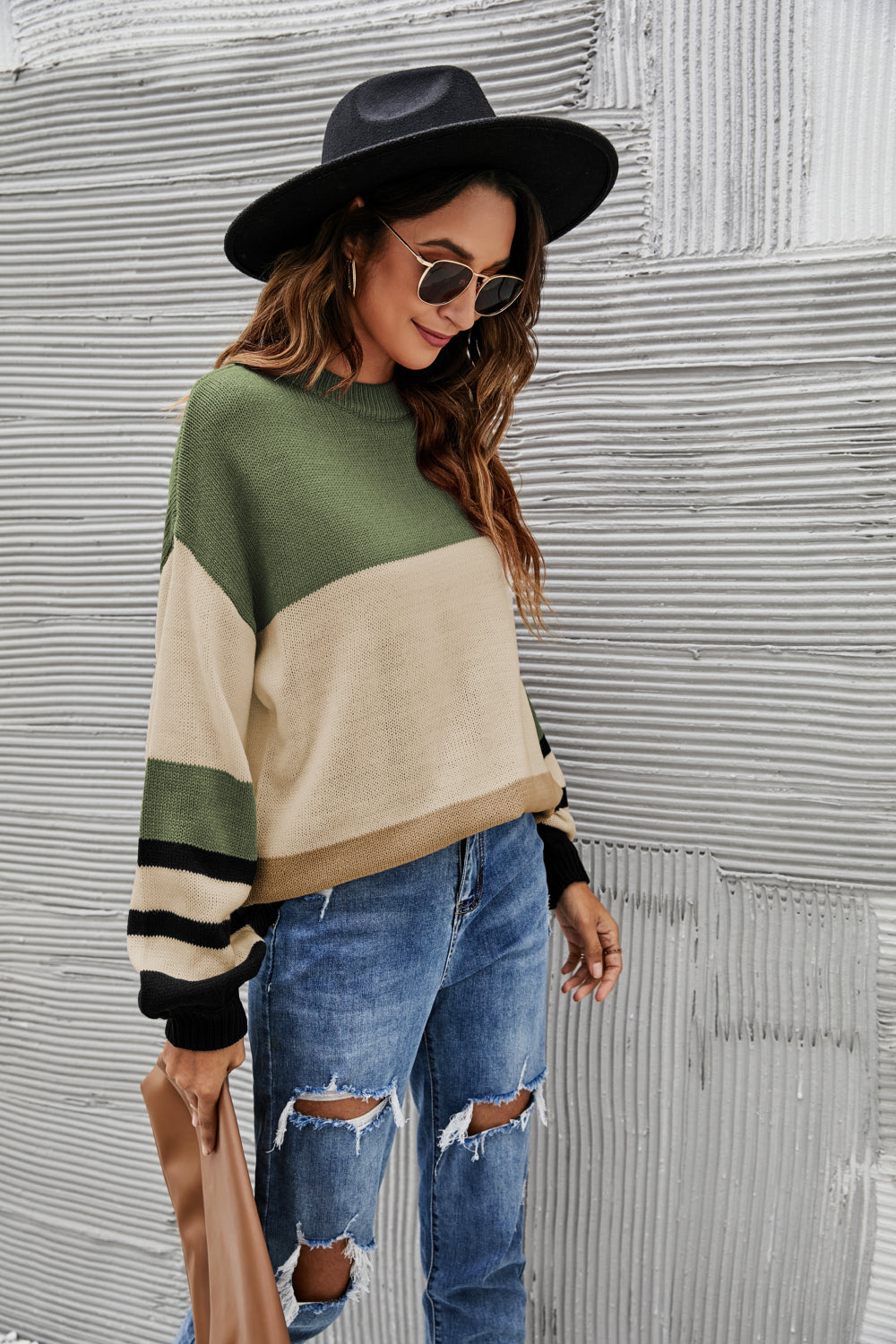 Striped Balloon Sleeve Crewneck Sweater
