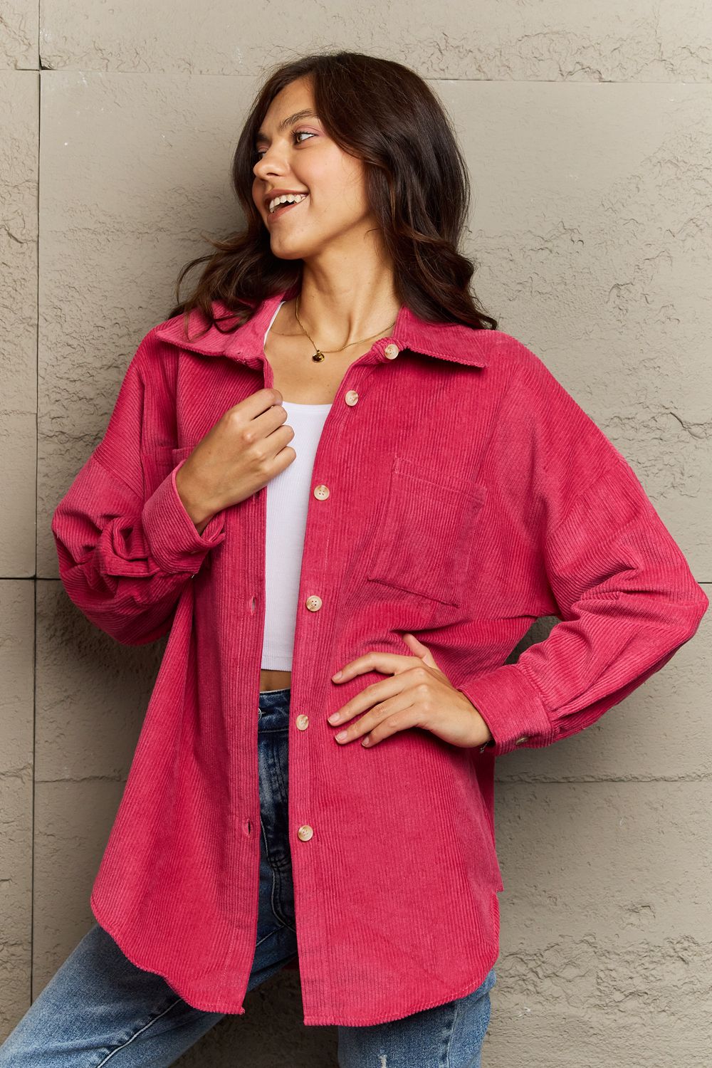 Collared Neck Dropped Shoulder Button-Down Jacket