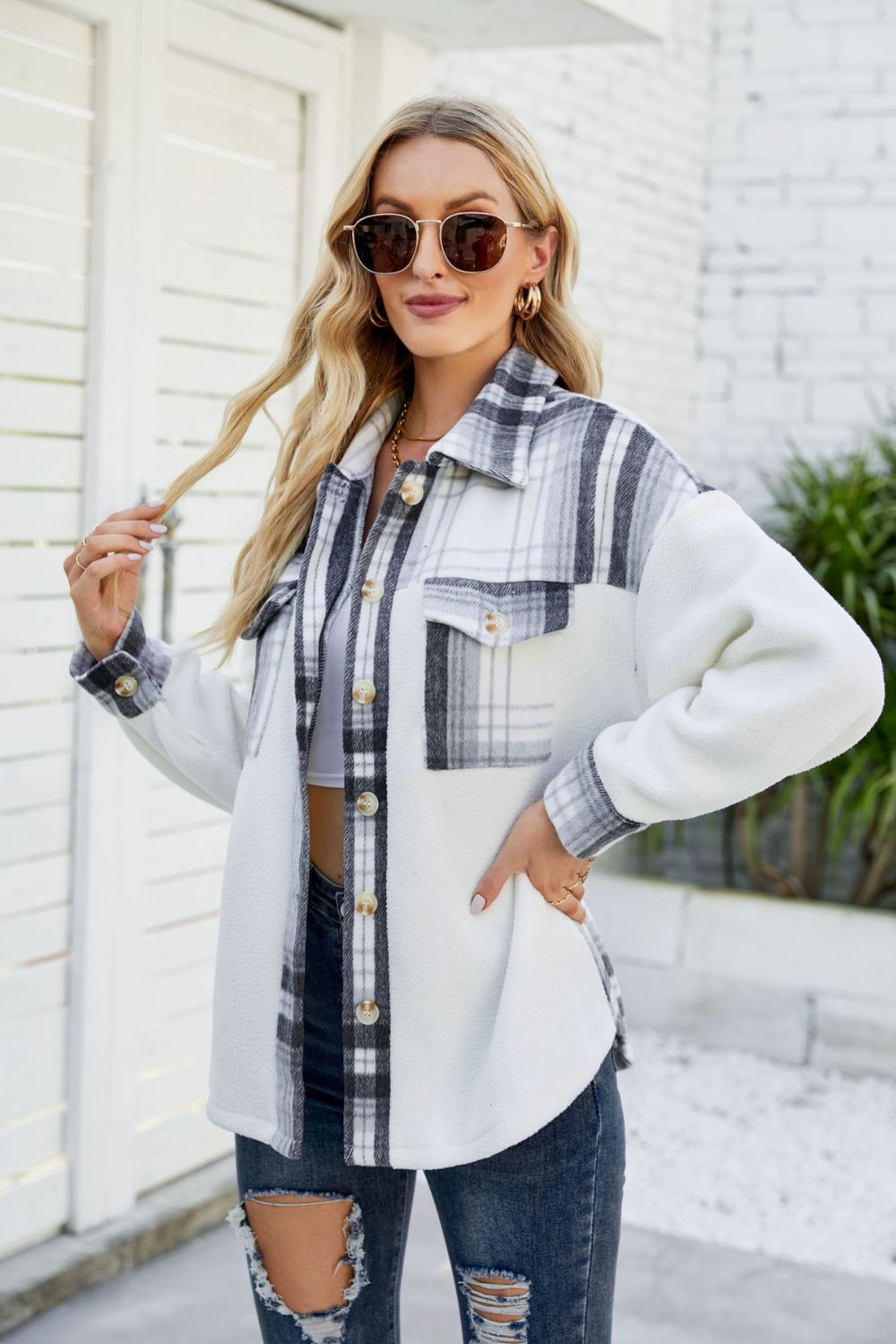 Plaid Button Front Spliced Sherpa Shacket