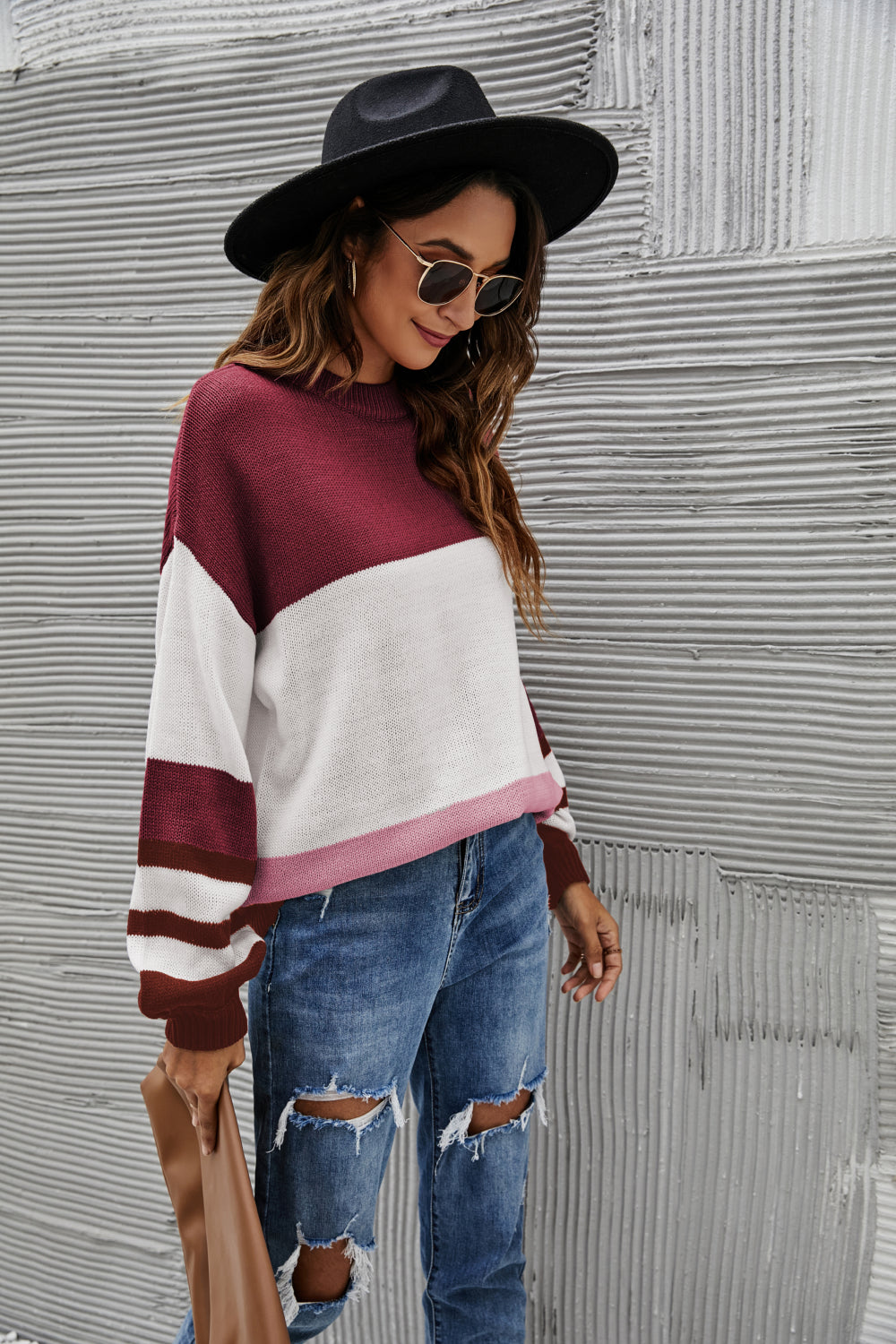 Striped Balloon Sleeve Crewneck Sweater