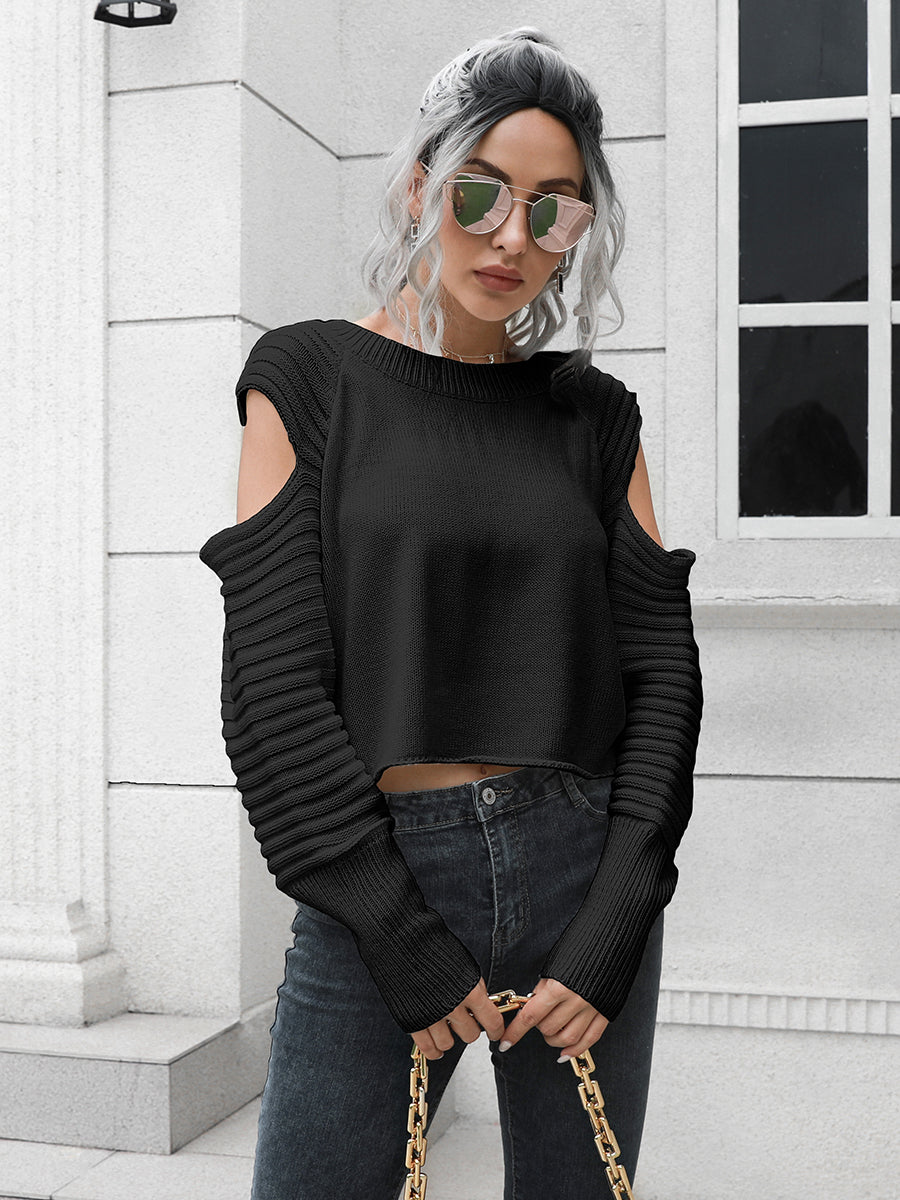 Cold-Shoulder Ribbed Trim Sweater