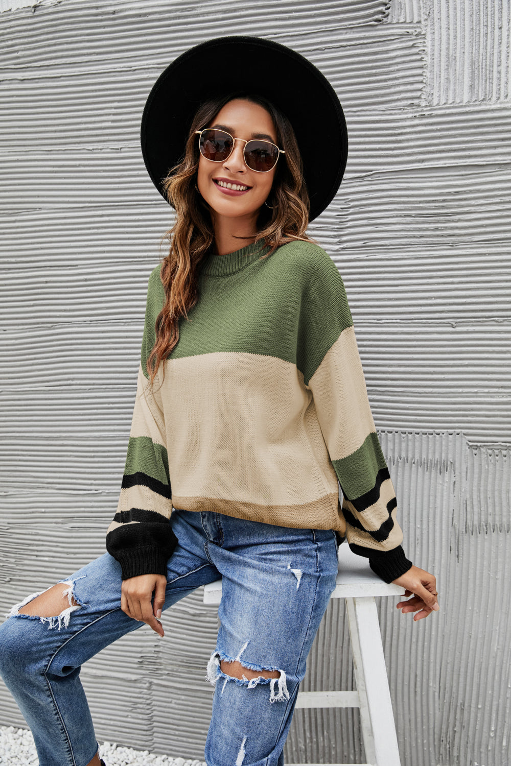 Striped Balloon Sleeve Crewneck Sweater