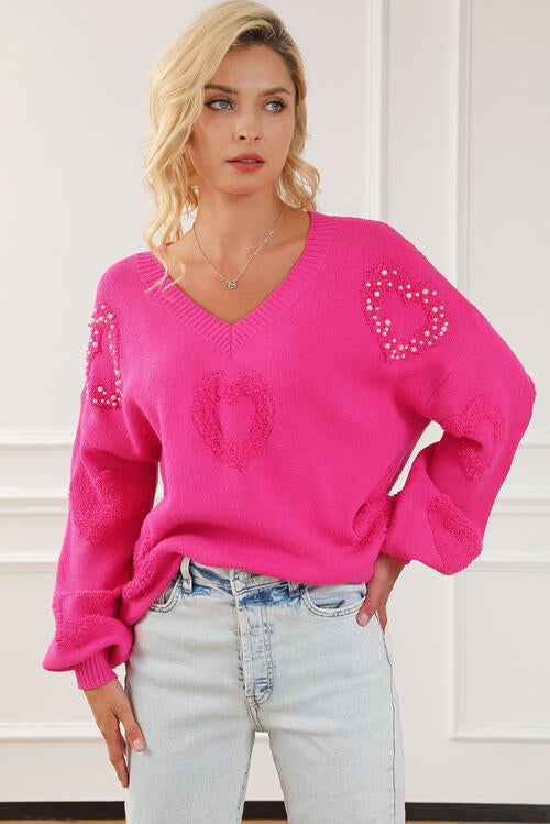 Pearl Detail V-Neck Long Sleeve Sweater