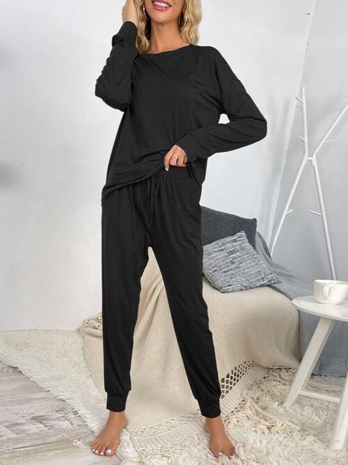 Round Neck Top and Drawstring Pants Lounge Set